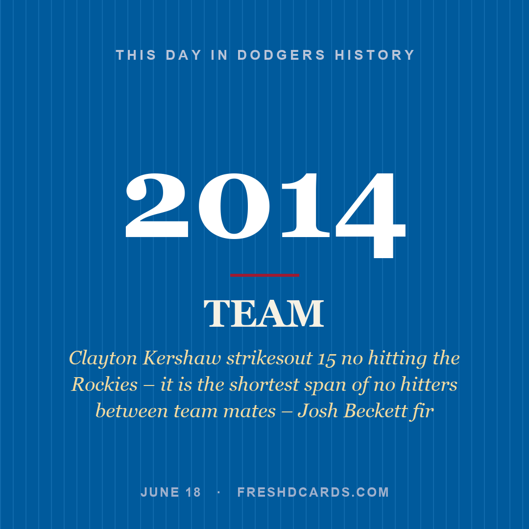 Dodgers: Dodgers, 2014, Clayton Kershaw strikesout 15 no hitting the Rockies – it is the shortest span of no hitters between team mates – Josh Beckett fir