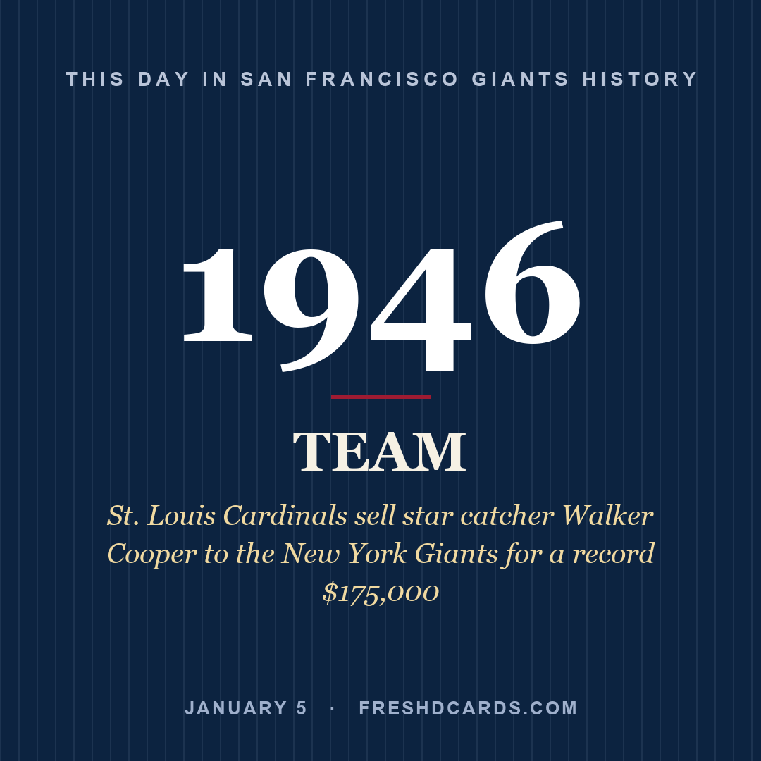 San Francisco Giants: San Francisco Giants, 1946, St. Louis Cardinals sell star catcher Walker Cooper to the New York Giants for a record $175,000