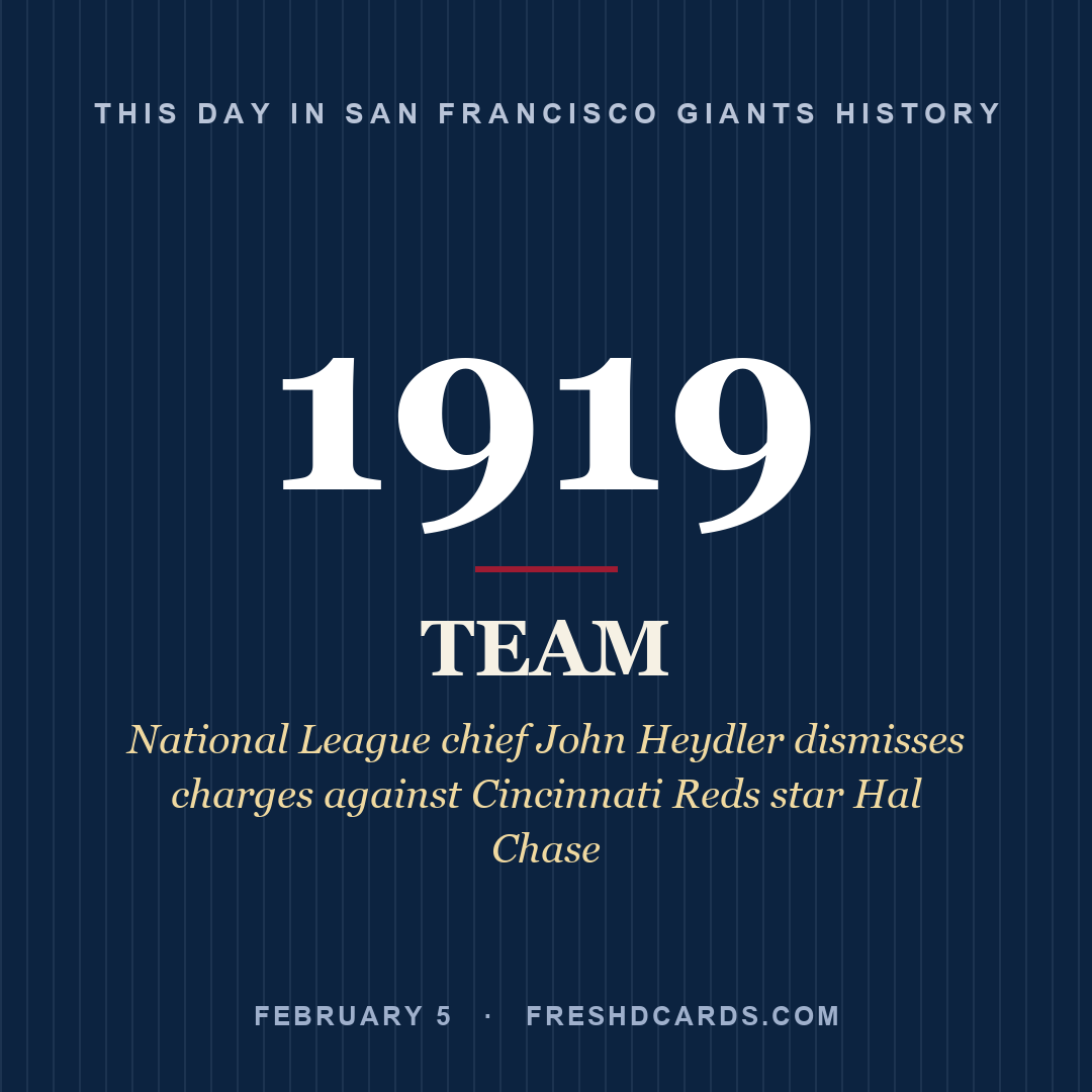 San Francisco Giants: San Francisco Giants, 1919, National League chief John Heydler dismisses charges against Cincinnati Reds star Hal Chase