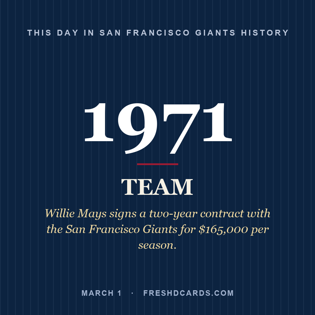San Francisco Giants: San Francisco Giants, 1971, Willie Mays signs a two-year contract with the San Francisco Giants for $165,000 per season.