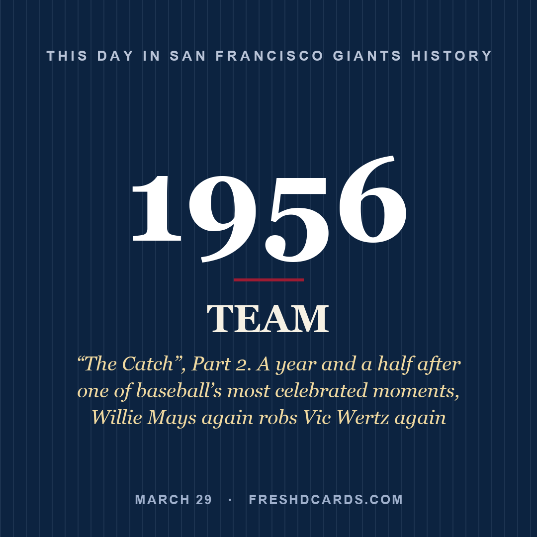 San Francisco Giants: San Francisco Giants, 1956, “The Catch”, Part 2. A year and a half after one of baseball’s most celebrated moments, Willie Mays again robs Vic Wertz again