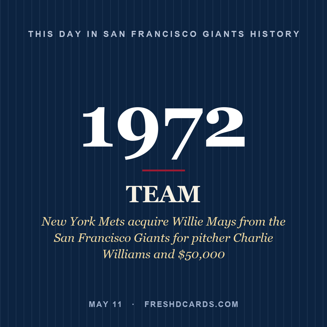 San Francisco Giants: San Francisco Giants, 1972, New York Mets acquire Willie Mays from the San Francisco Giants for pitcher Charlie Williams and $50,000