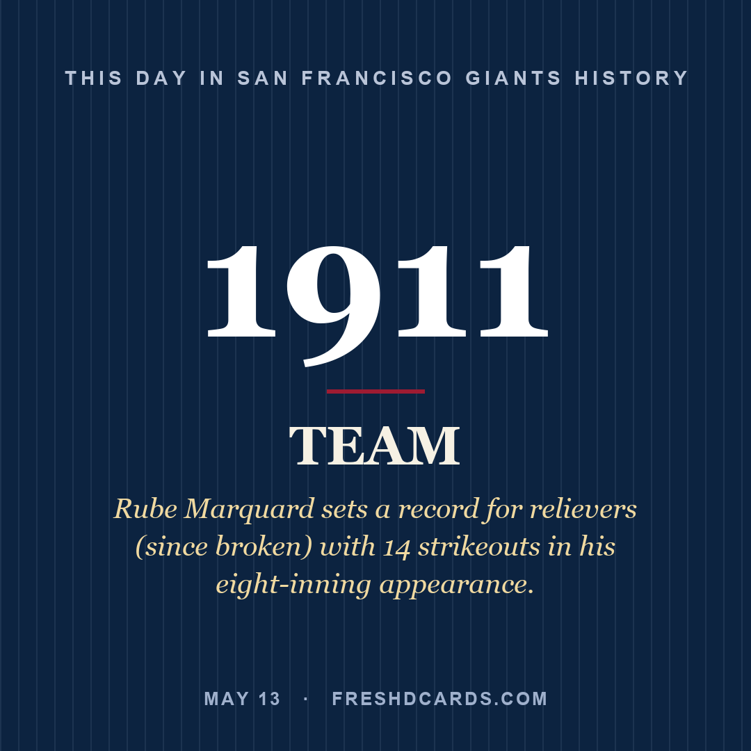 San Francisco Giants: San Francisco Giants, 1911, Rube Marquard sets a record for relievers (since broken) with 14 strikeouts in his eight-inning appearance.