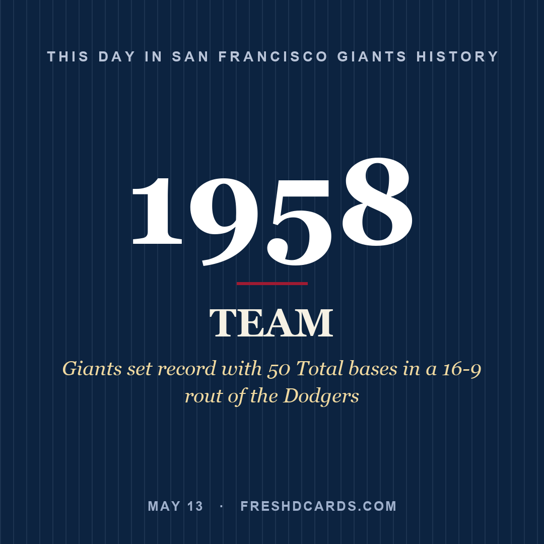 San Francisco Giants: San Francisco Giants, 1958, Giants set record with 50 Total bases in a 16-9 rout of the Dodgers