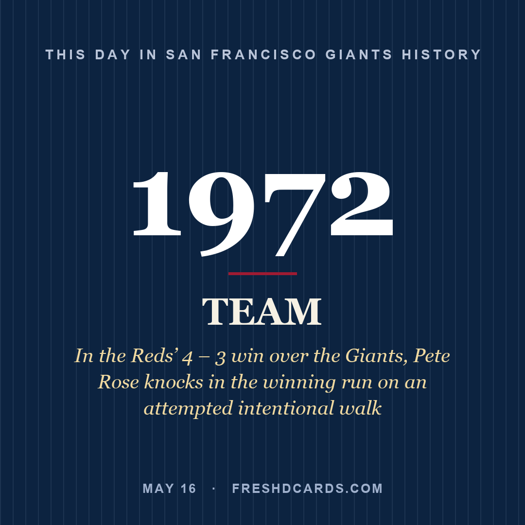 San Francisco Giants: San Francisco Giants, 1972, In the Reds’ 4 – 3 win over the Giants, Pete Rose knocks in the winning run on an attempted intentional walk