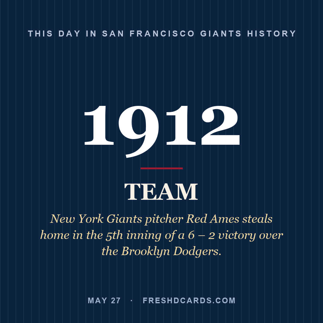 San Francisco Giants: San Francisco Giants, 1912, New York Giants pitcher Red Ames steals home in the 5th inning of a 6 – 2 victory over the Brooklyn Dodgers.