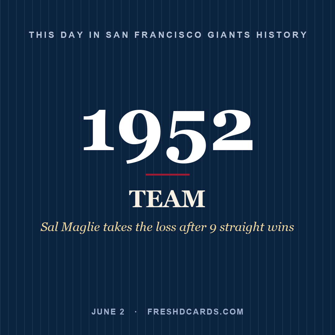 San Francisco Giants: San Francisco Giants, 1952, Sal Maglie takes the loss after 9 straight wins