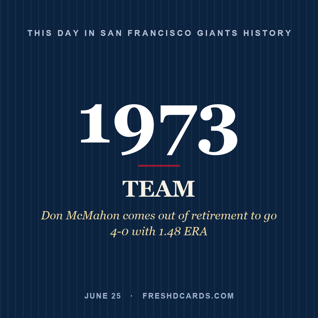 San Francisco Giants: San Francisco Giants, 1973, Don McMahon comes out of retirement to go 4-0 with 1.48 ERA