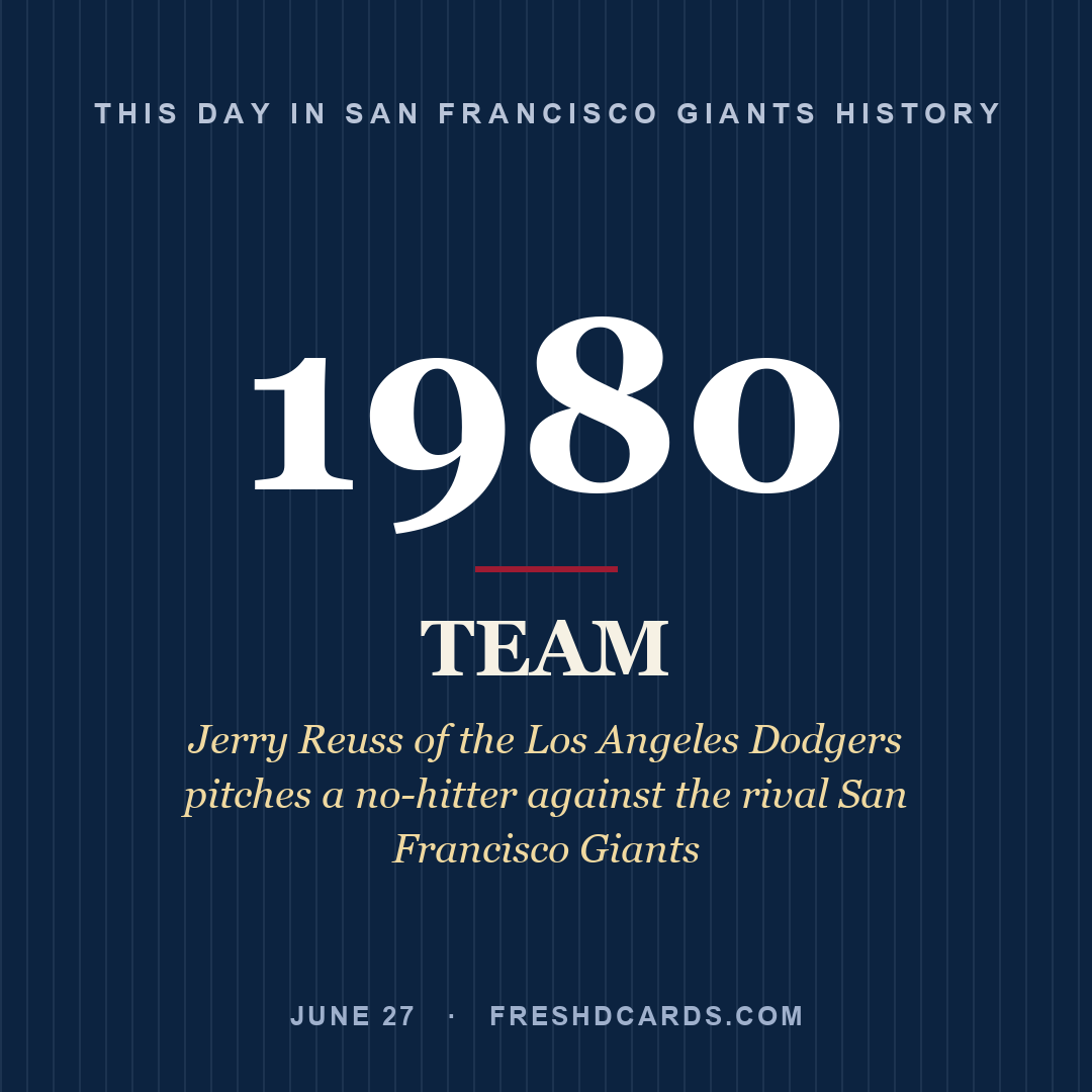 San Francisco Giants: San Francisco Giants, 1980, Jerry Reuss of the Los Angeles Dodgers pitches a no-hitter against the rival San Francisco Giants