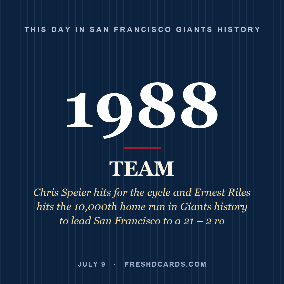 San Francisco Giants: San Francisco Giants, 1988, Chris Speier hits for the cycle and Ernest Riles hits the 10,000th home run in Giants history to lead San Francisco to a 21 – 2 ro