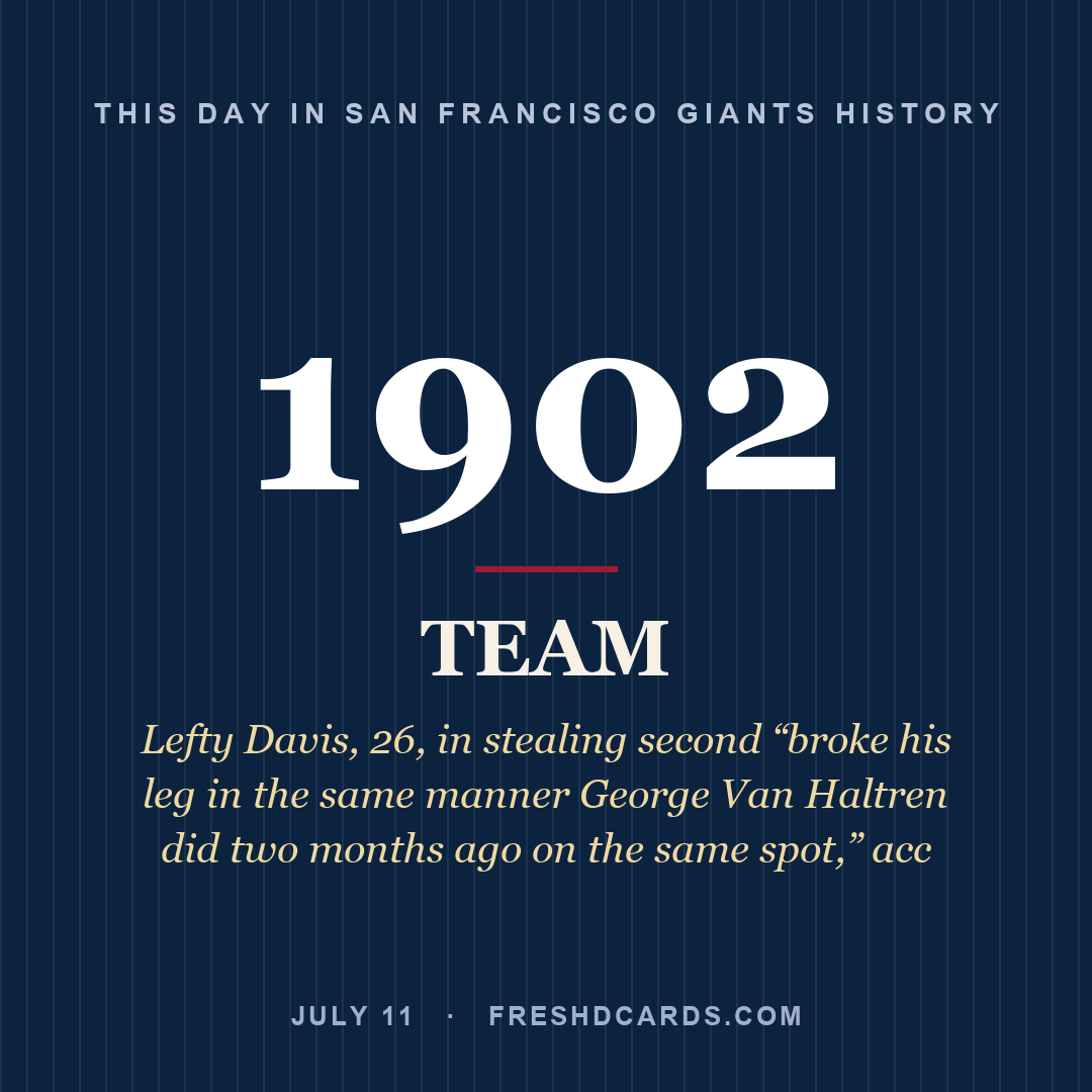 San Francisco Giants: San Francisco Giants, 1902, Lefty Davis, 26, in stealing second “broke his leg in the same manner George Van Haltren did two months ago on the same spot,” acc