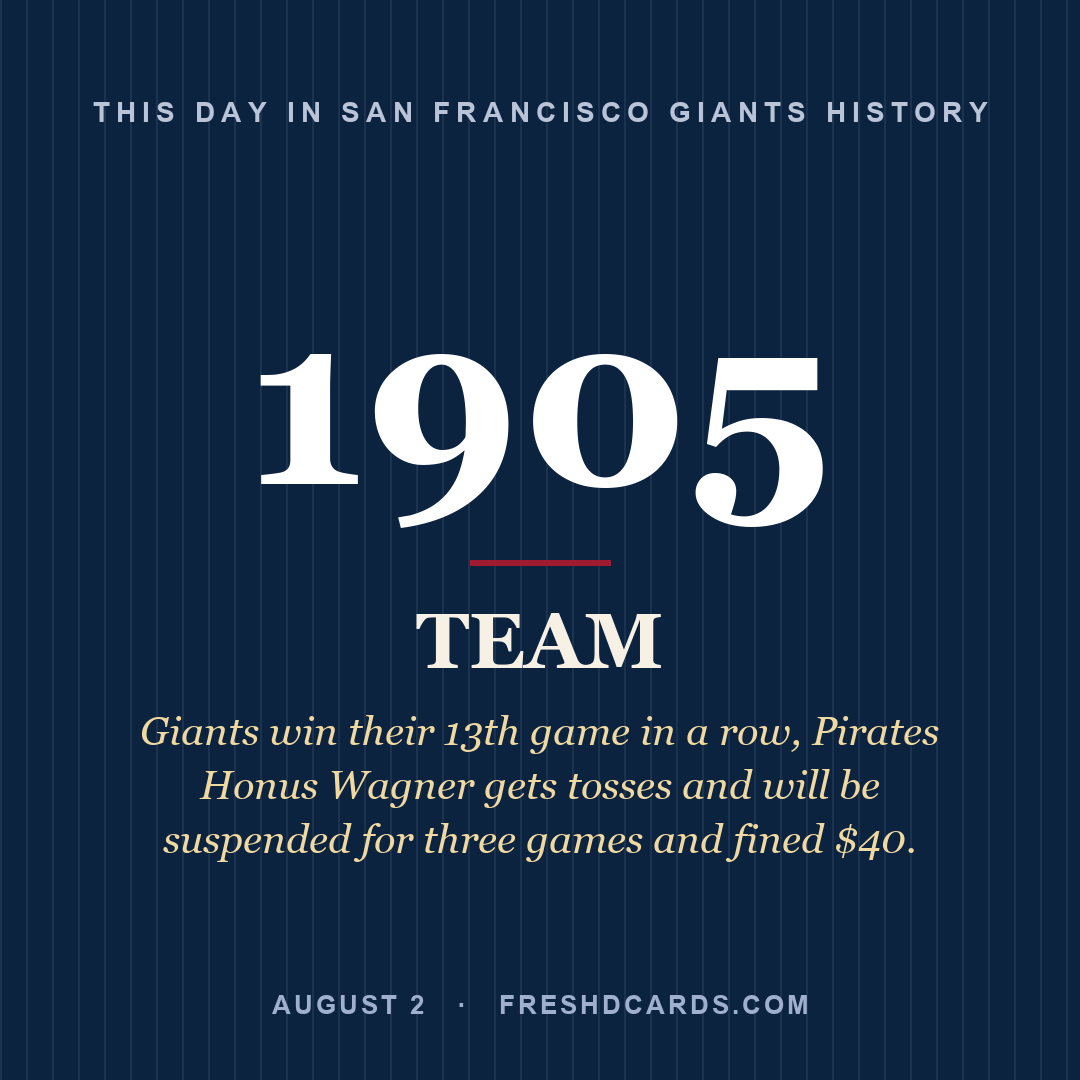 San Francisco Giants: San Francisco Giants, 1905, Giants win their 13th game in a row, Pirates Honus Wagner gets tosses and will be suspended for three games and fined $40.