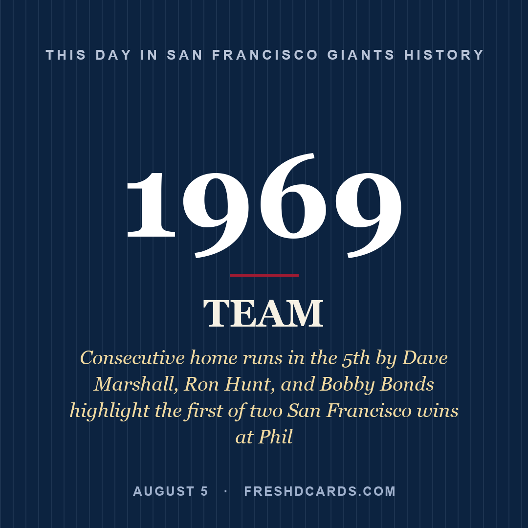 San Francisco Giants: San Francisco Giants, 1969, Consecutive home runs in the 5th by Dave Marshall, Ron Hunt, and Bobby Bonds highlight the first of two San Francisco wins at Phil