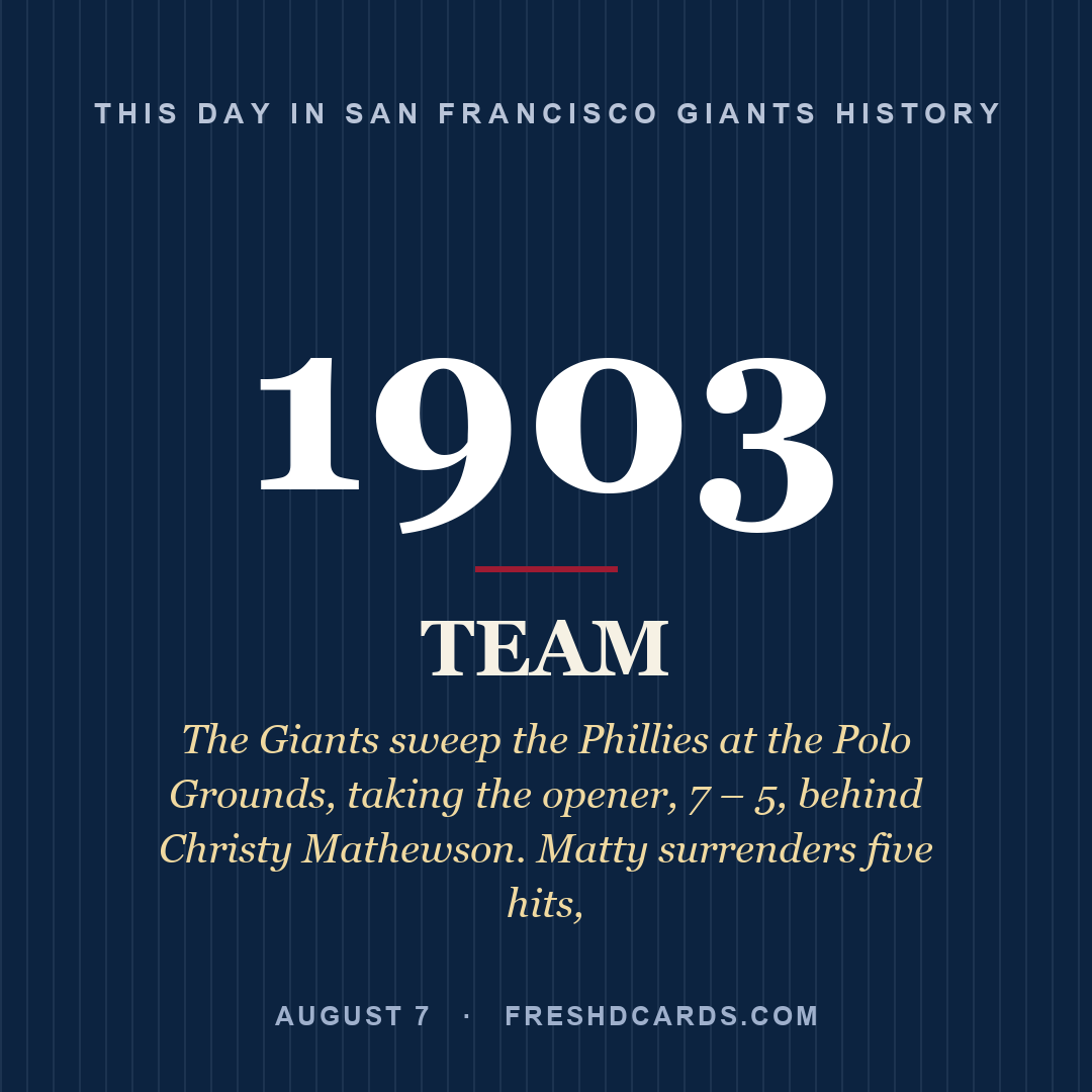 San Francisco Giants: San Francisco Giants, 1903, The Giants sweep the Phillies at the Polo Grounds, taking the opener, 7 – 5, behind Christy Mathewson. Matty surrenders five hits,