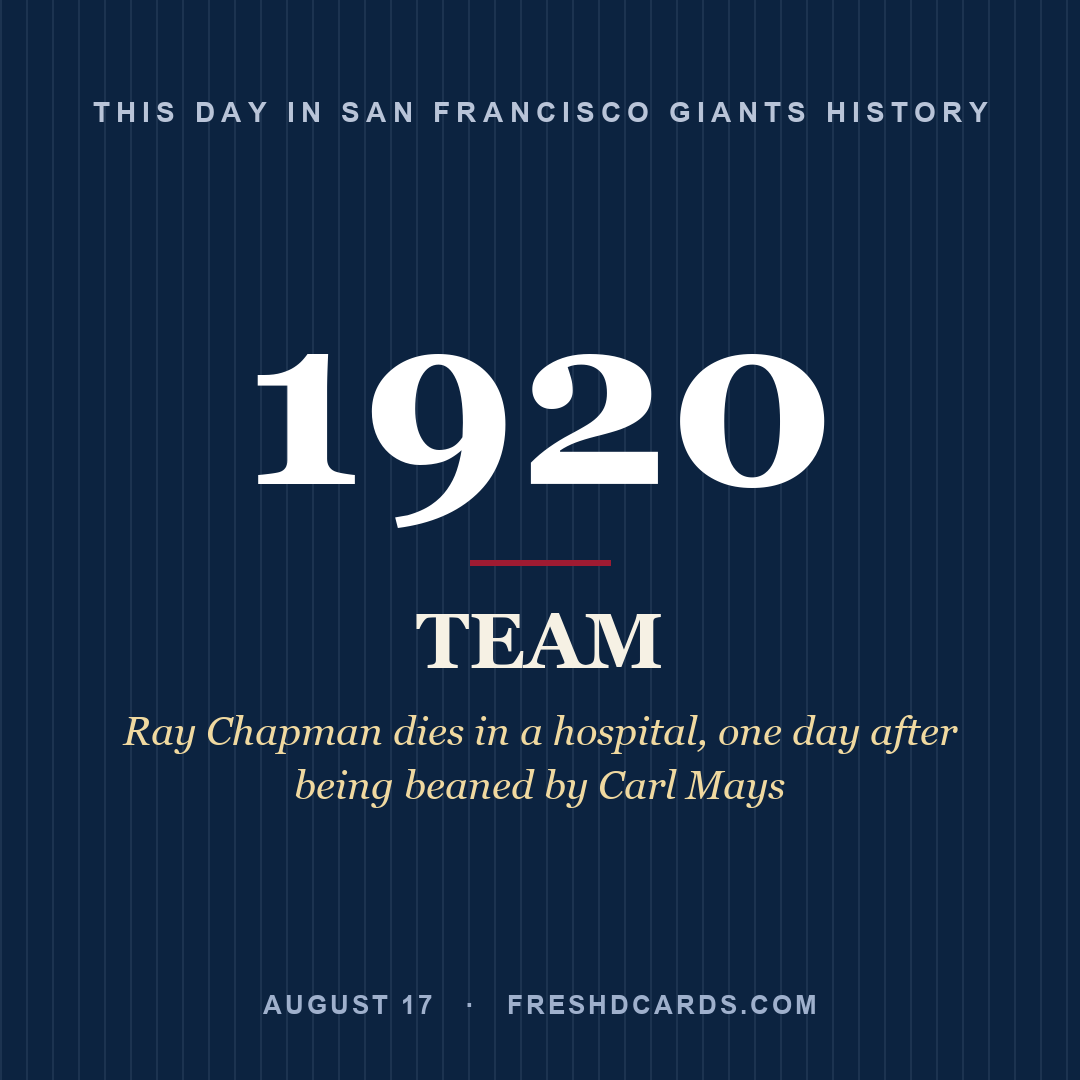 San Francisco Giants: San Francisco Giants, 1920, Ray Chapman dies in a hospital, one day after being beaned by Carl Mays
