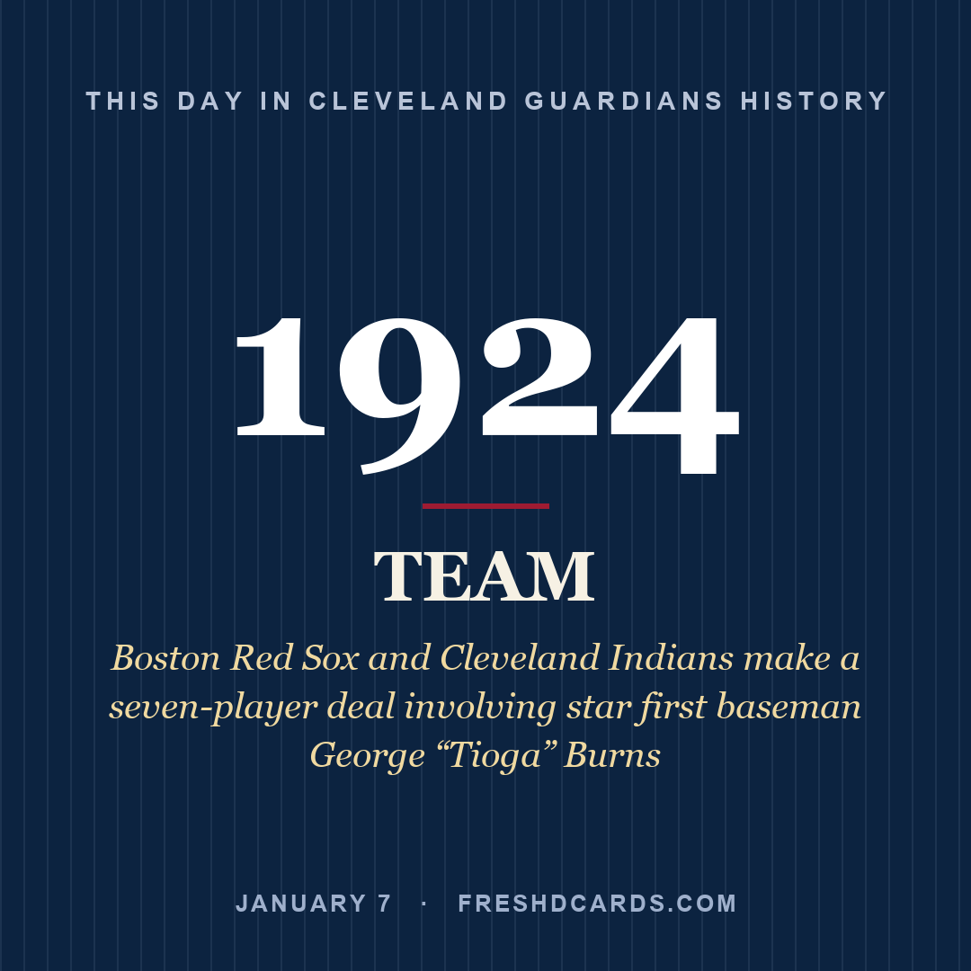 Cleveland Guardians: Cleveland Guardians, 1924, Boston Red Sox and Cleveland Indians make a seven-player deal involving star first baseman George “Tioga” Burns