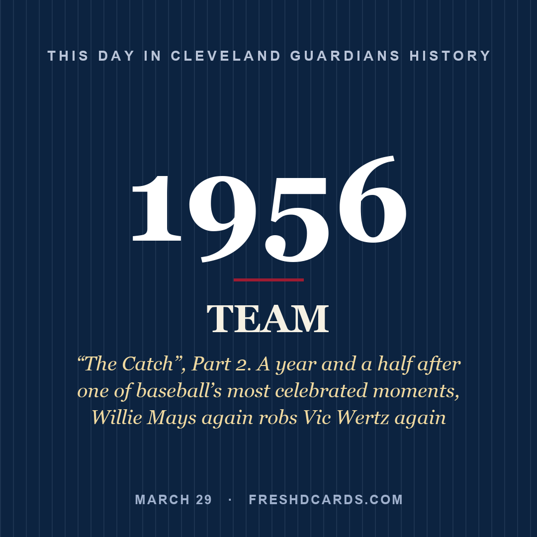 Cleveland Guardians: Cleveland Guardians, 1956, “The Catch”, Part 2. A year and a half after one of baseball’s most celebrated moments, Willie Mays again robs Vic Wertz again