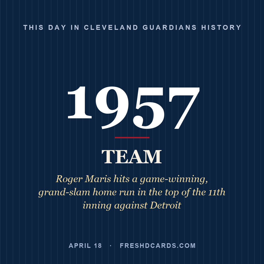 Cleveland Guardians: Cleveland Guardians, 1957, Roger Maris hits a game-winning, grand-slam home run in the top of the 11th inning against Detroit