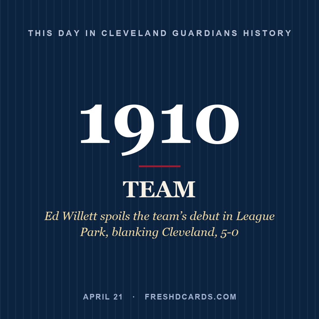 Cleveland Guardians: Cleveland Guardians, 1910, Ed Willett spoils the team’s debut in League Park, blanking Cleveland, 5-0