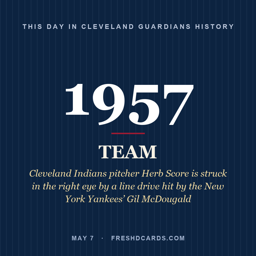 Cleveland Guardians: Cleveland Guardians, 1957, Cleveland Indians pitcher Herb Score is struck in the right eye by a line drive hit by the New York Yankees’ Gil McDougald