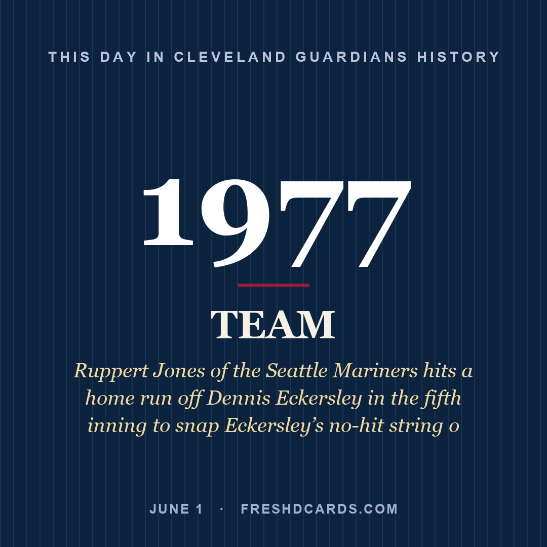 Cleveland Guardians: Cleveland Guardians, 1977, Ruppert Jones of the Seattle Mariners hits a home run off Dennis Eckersley in the fifth inning to snap Eckersley’s no-hit string o