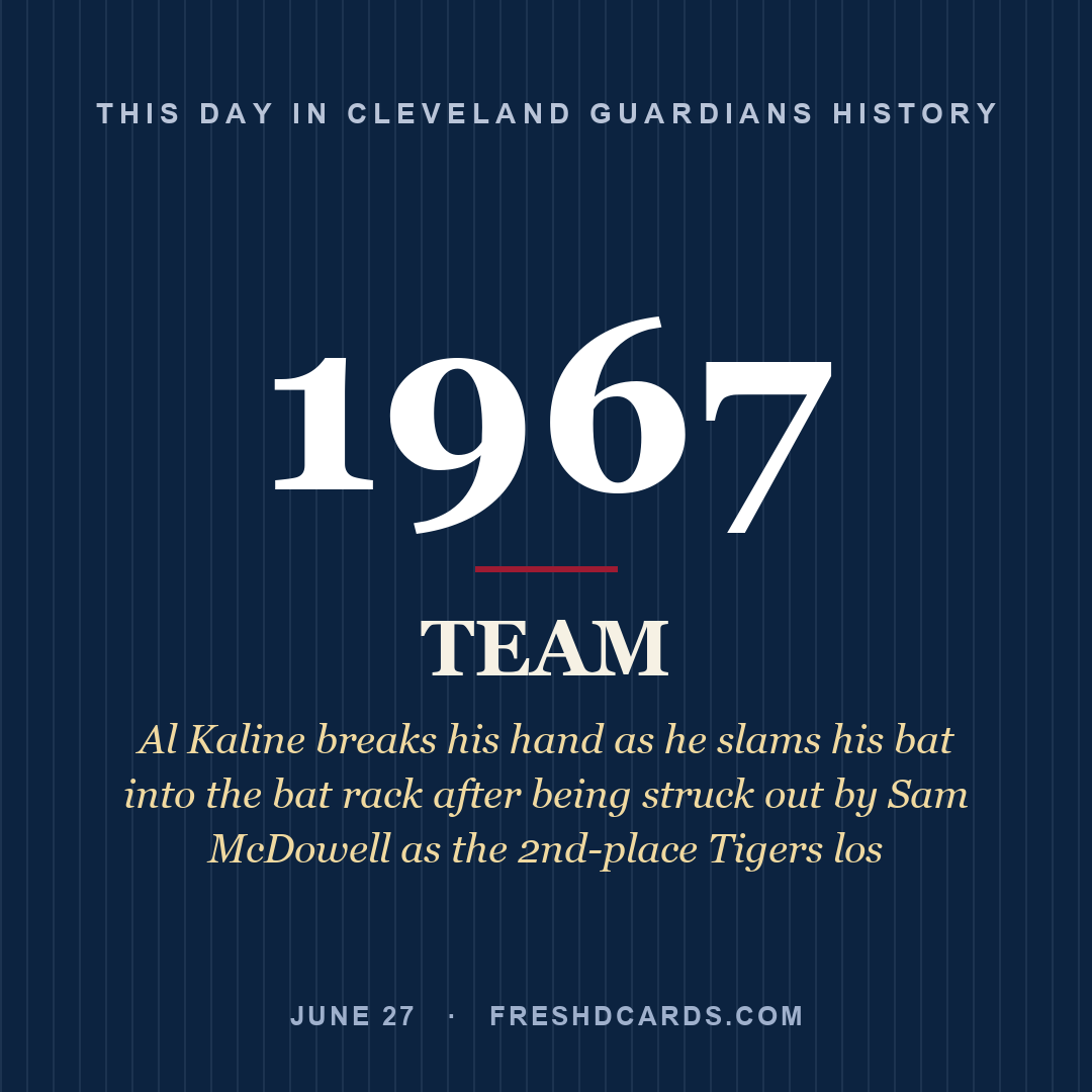 Cleveland Guardians: Cleveland Guardians, 1967, Al Kaline breaks his hand as he slams his bat into the bat rack after being struck out by Sam McDowell as the 2nd-place Tigers los