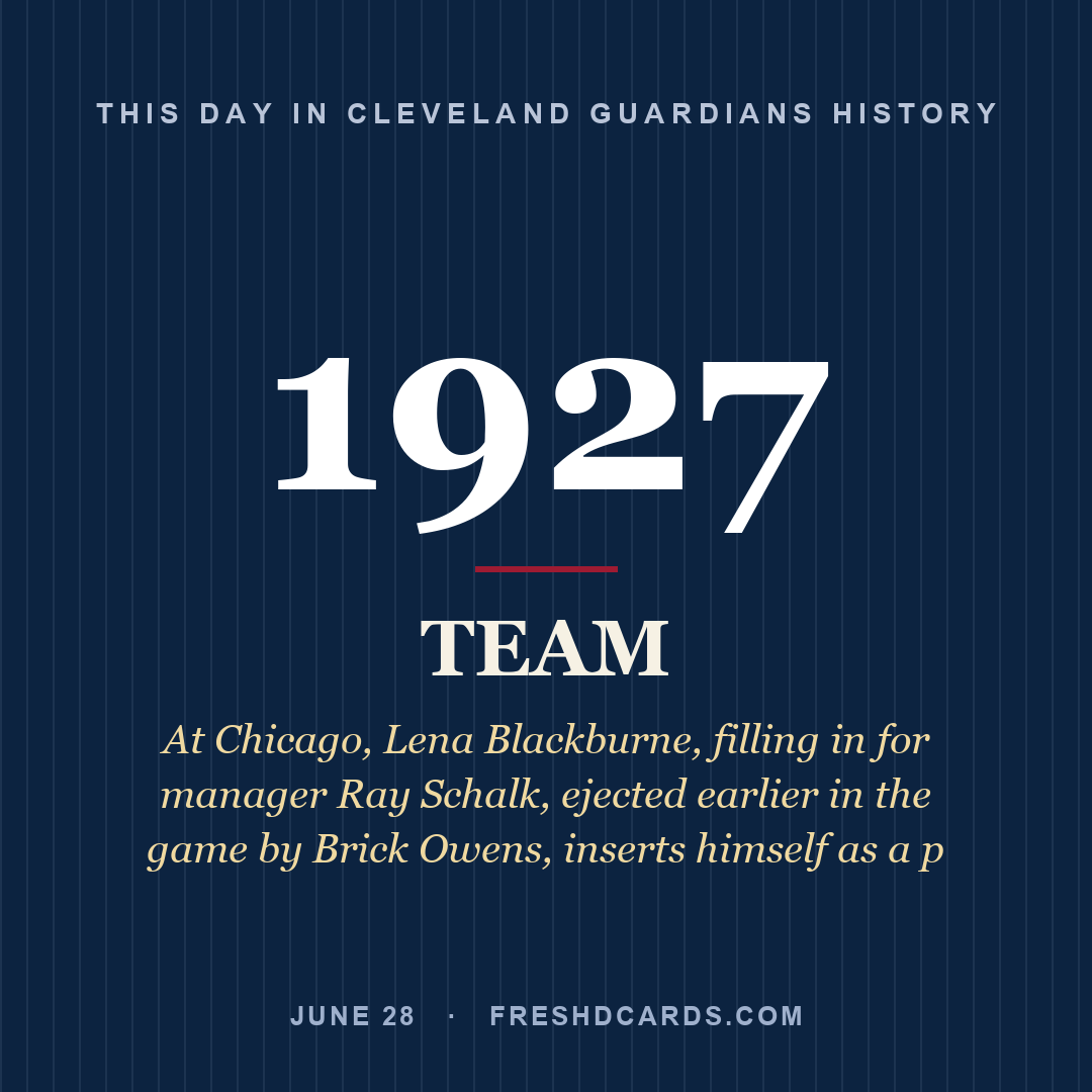 Cleveland Guardians: Cleveland Guardians, 1927, At Chicago, Lena Blackburne, filling in for manager Ray Schalk, ejected earlier in the game by Brick Owens, inserts himself as a p