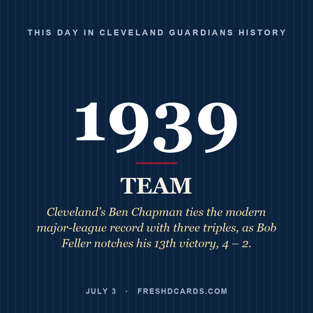 Cleveland Guardians: Cleveland Guardians, 1939, Cleveland’s Ben Chapman ties the modern major-league record with three triples, as Bob Feller notches his 13th victory, 4 – 2.