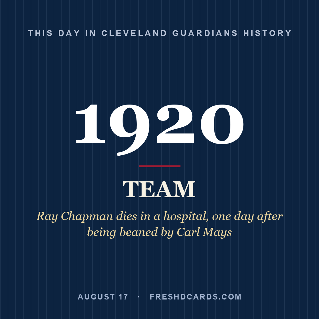 Cleveland Guardians: Cleveland Guardians, 1920, Ray Chapman dies in a hospital, one day after being beaned by Carl Mays