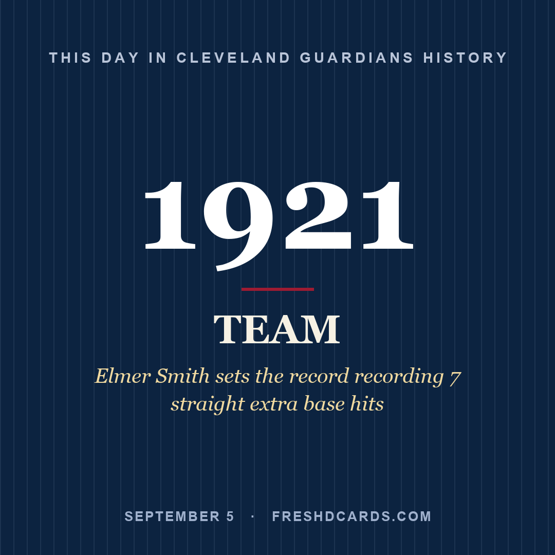 Cleveland Guardians: Cleveland Guardians, 1921, Elmer Smith sets the record recording 7 straight extra base hits