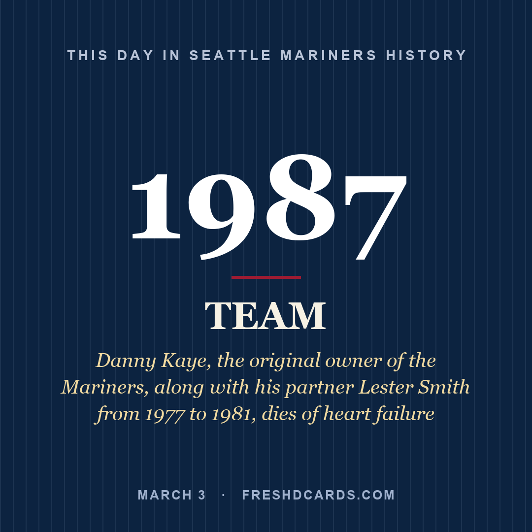 Seattle Mariners: Seattle Mariners, 1987, Danny Kaye, the original owner of the Mariners, along with his partner Lester Smith from 1977 to 1981, dies of heart failure
