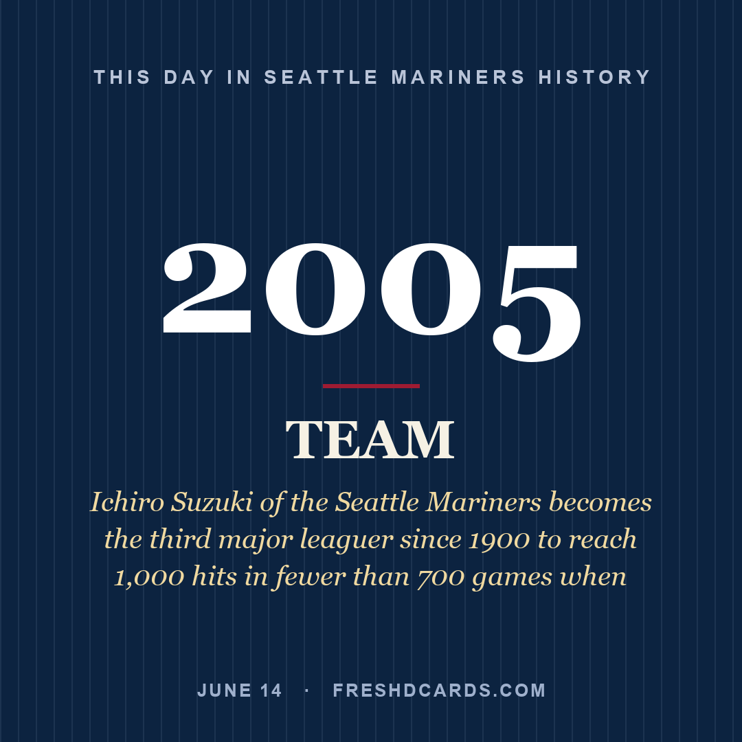 Seattle Mariners: Seattle Mariners, 2005, Ichiro Suzuki of the Seattle Mariners becomes the third major leaguer since 1900 to reach 1,000 hits in fewer than 700 games when 