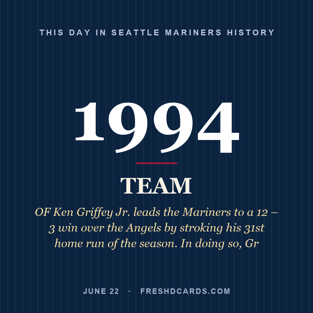 Seattle Mariners: Seattle Mariners, 1994, OF Ken Griffey Jr. leads the Mariners to a 12 – 3 win over the Angels by stroking his 31st home run of the season. In doing so, Gr