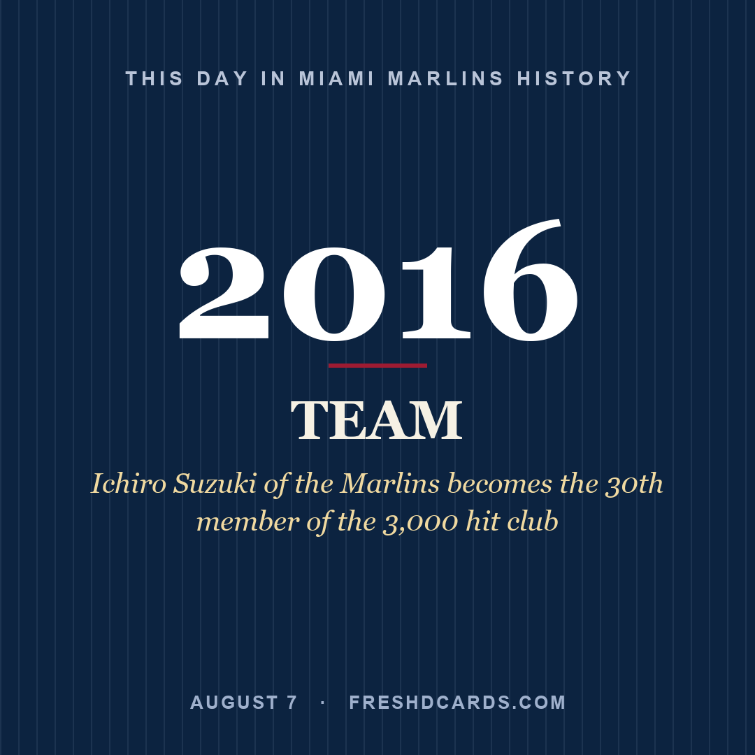 Miami Marlins: Miami Marlins, 2016, Ichiro Suzuki of the Marlins becomes the 30th member of the 3,000 hit club