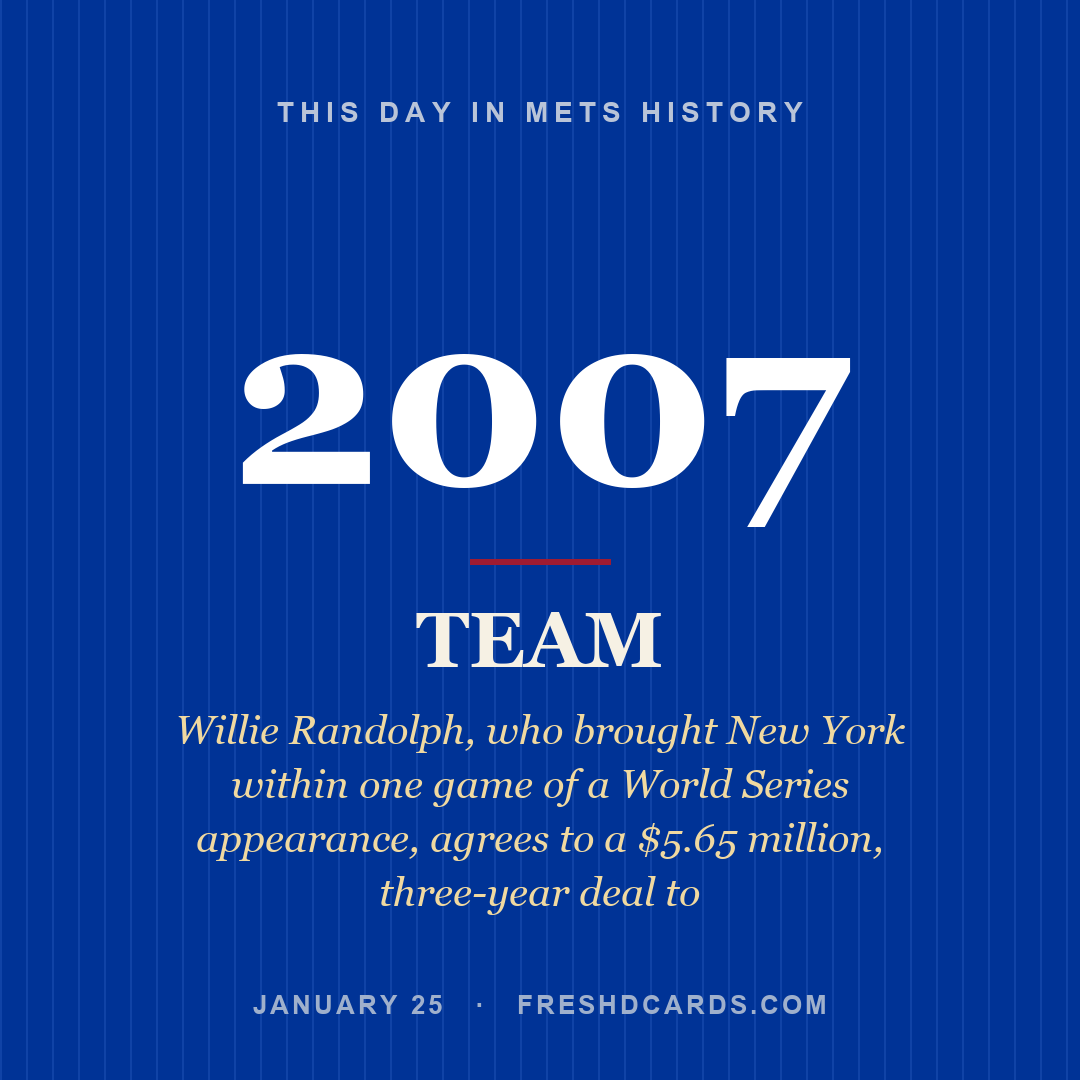 Mets: Mets, 2007, Willie Randolph, who brought New York within one game of a World Series appearance, agrees to a $5.65 million, three-year deal to 