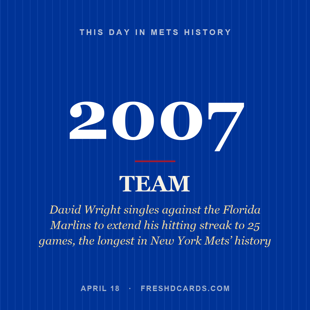 Mets: Mets, 2007, David Wright singles against the Florida Marlins to extend his hitting streak to 25 games, the longest in New York Mets’ history