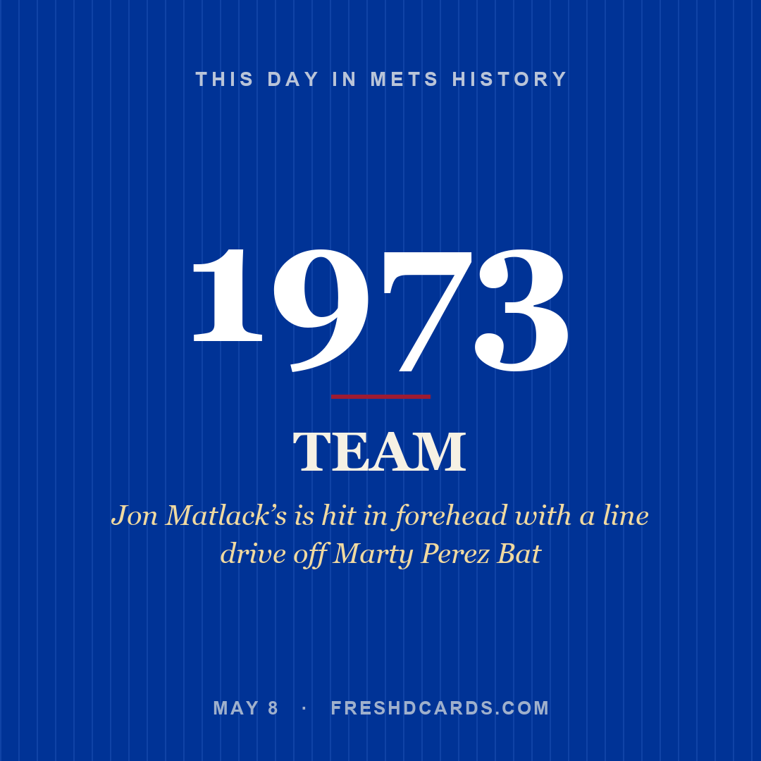 Mets: Mets, 1973, Jon Matlack’s is hit in forehead with a line drive off Marty Perez Bat