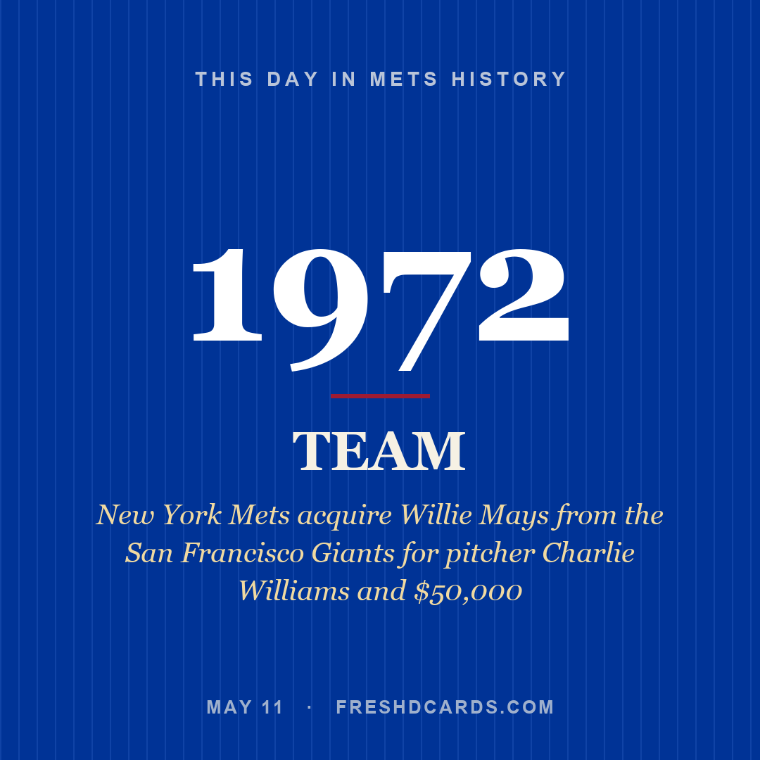 Mets: Mets, 1972, New York Mets acquire Willie Mays from the San Francisco Giants for pitcher Charlie Williams and $50,000