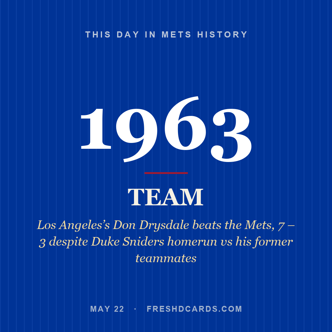 Mets: Mets, 1963, Los Angeles’s Don Drysdale beats the Mets, 7 – 3 despite Duke Sniders homerun vs his former teammates