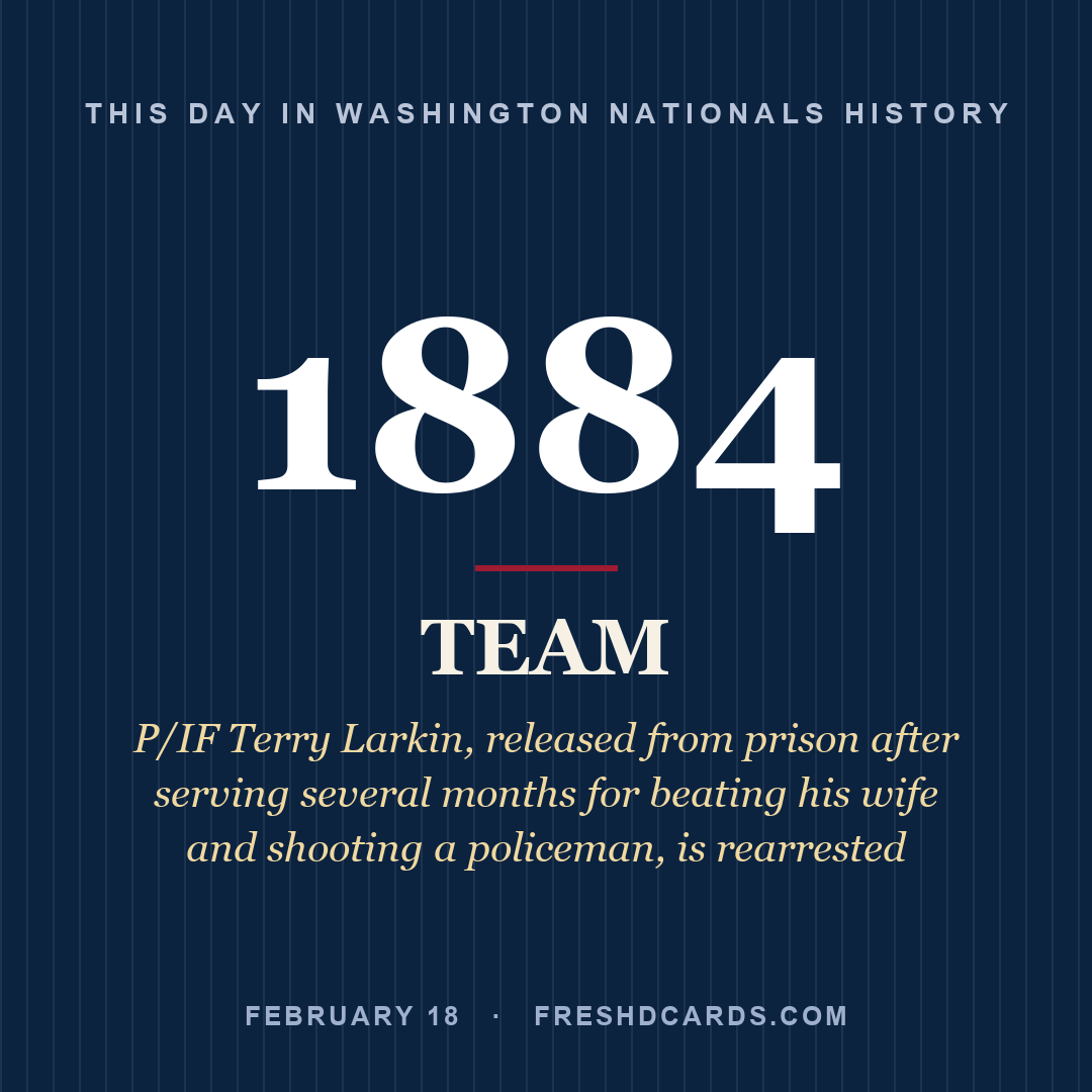 Washington Nationals: Washington Nationals, 1884, P/IF Terry Larkin, released from prison after serving several months for beating his wife and shooting a policeman, is rearrested 