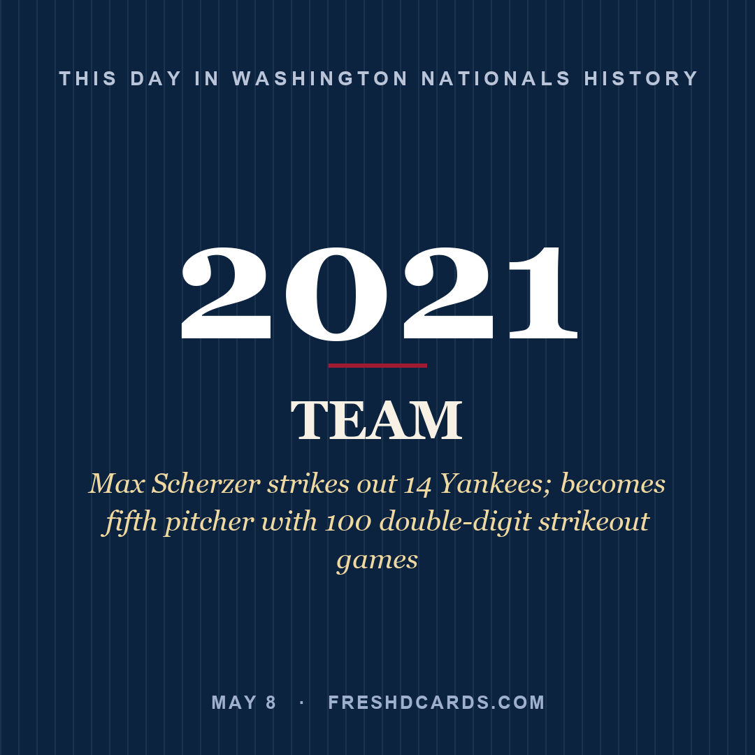 Washington Nationals: Washington Nationals, 2021, Max Scherzer strikes out 14 Yankees; becomes fifth pitcher with 100 double-digit strikeout games