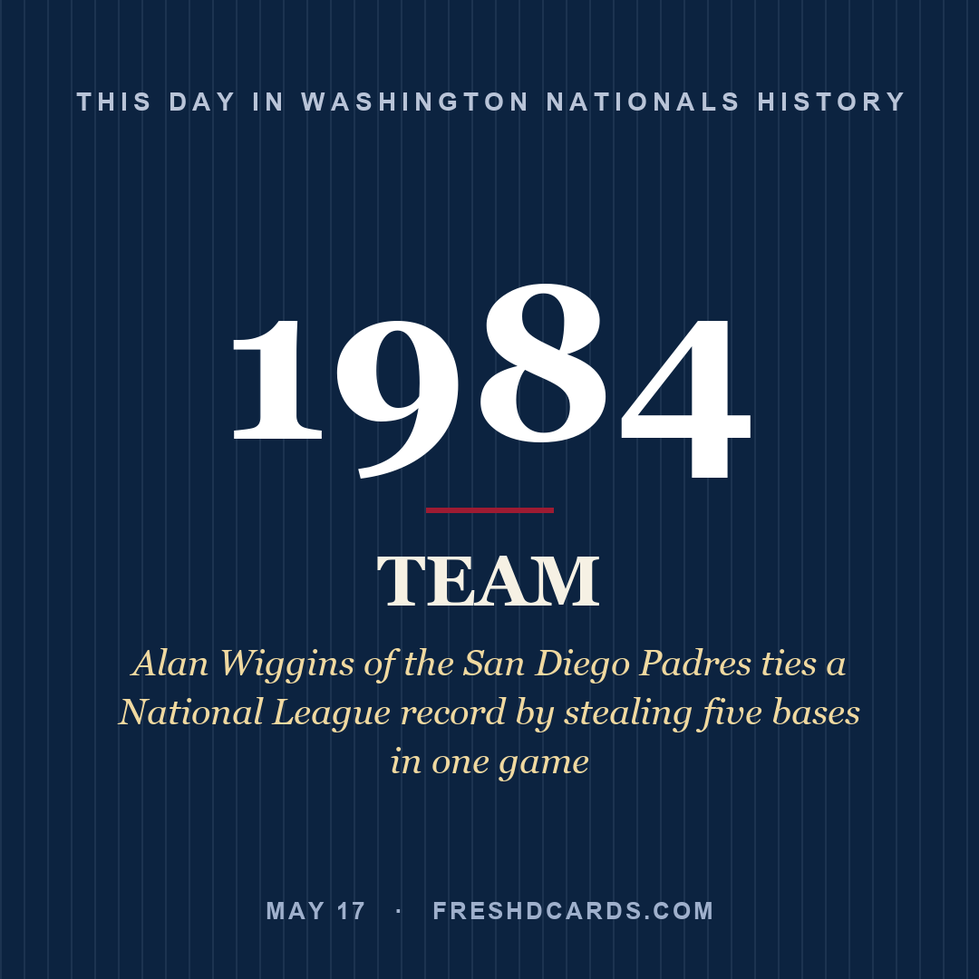 Washington Nationals: Washington Nationals, 1984, Alan Wiggins of the San Diego Padres ties a National League record by stealing five bases in one game