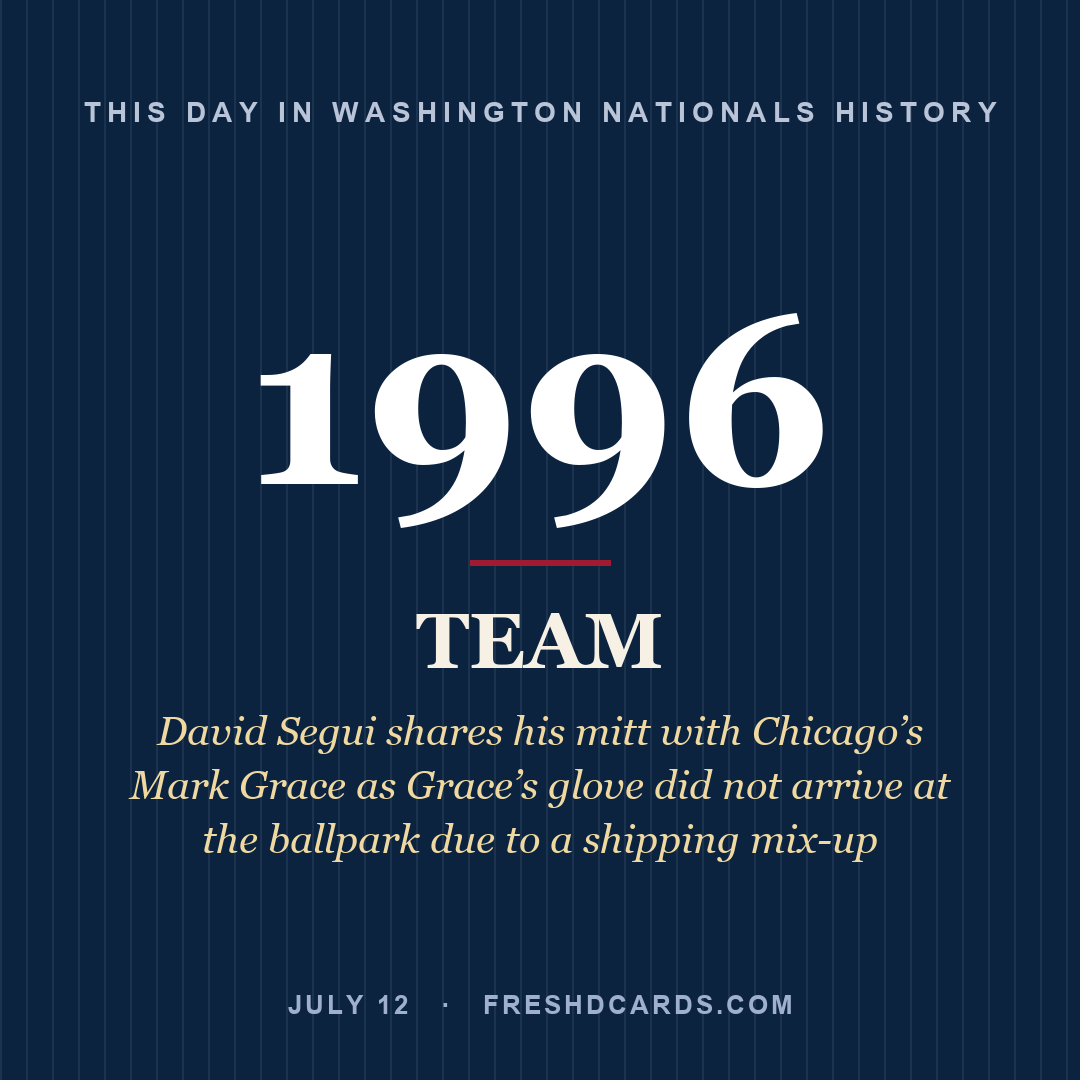Washington Nationals: Washington Nationals, 1996, David Segui shares his mitt with Chicago’s Mark Grace as Grace’s glove did not arrive at the ballpark due to a shipping mix-up