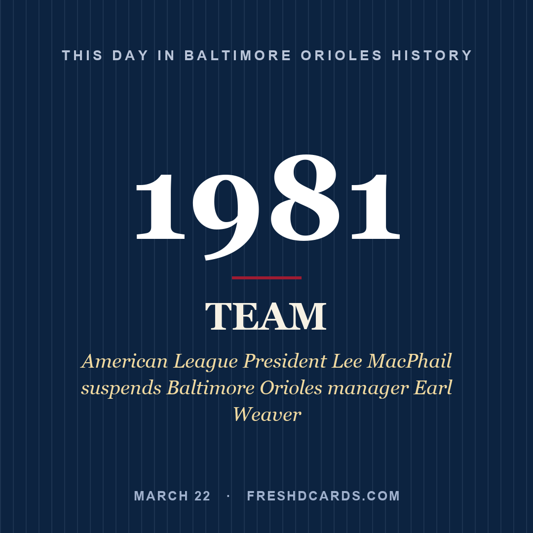 Baltimore Orioles: Baltimore Orioles, 1981, American League President Lee MacPhail suspends Baltimore Orioles manager Earl Weaver