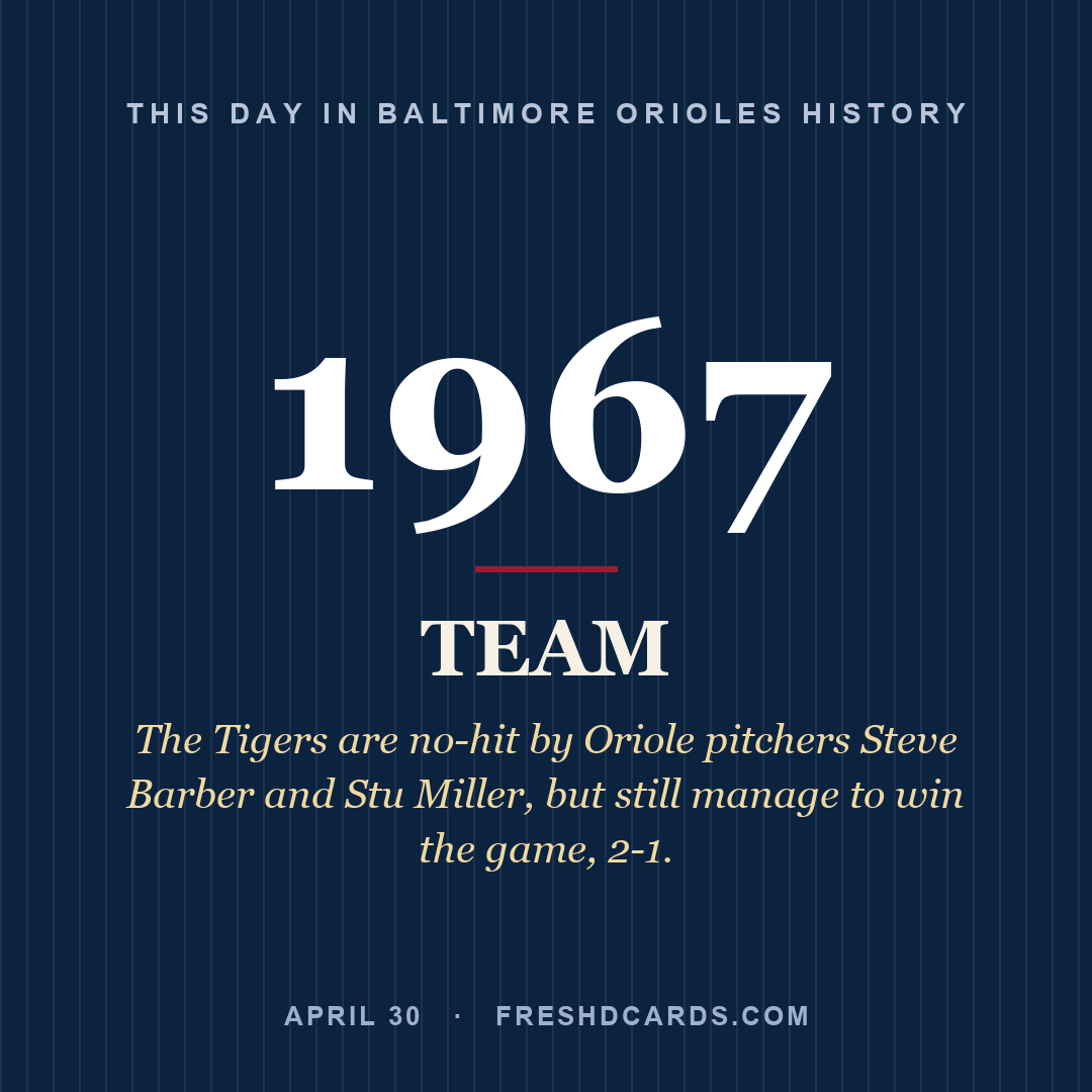 Baltimore Orioles: Baltimore Orioles, 1967, The Tigers are no-hit by Oriole pitchers Steve Barber and Stu Miller, but still manage to win the game, 2-1.