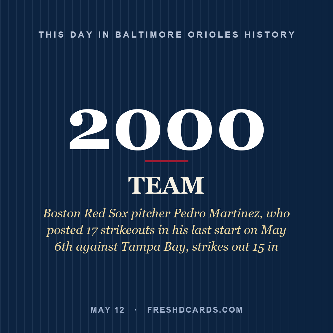 Baltimore Orioles: Baltimore Orioles, 2000, Boston Red Sox pitcher Pedro Martinez, who posted 17 strikeouts in his last start on May 6th against Tampa Bay, strikes out 15 in 