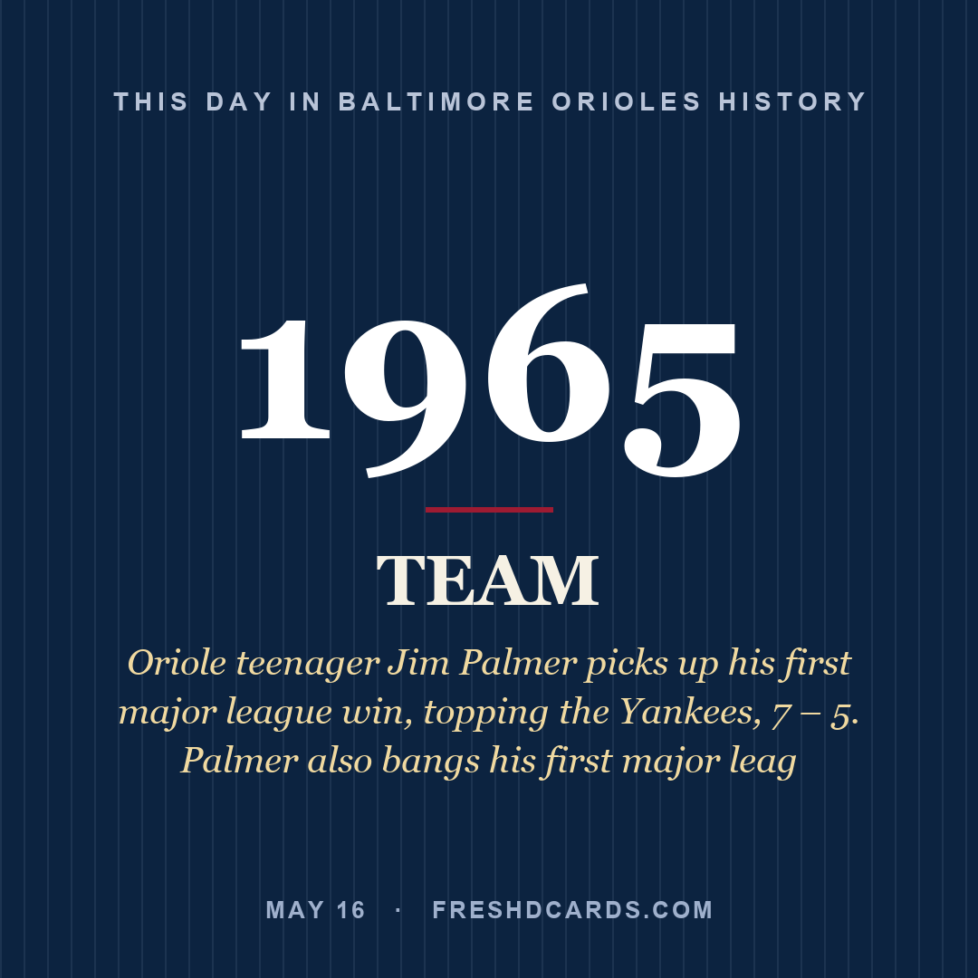 Baltimore Orioles: Baltimore Orioles, 1965, Oriole teenager Jim Palmer picks up his first major league win, topping the Yankees, 7 – 5. Palmer also bangs his first major leag