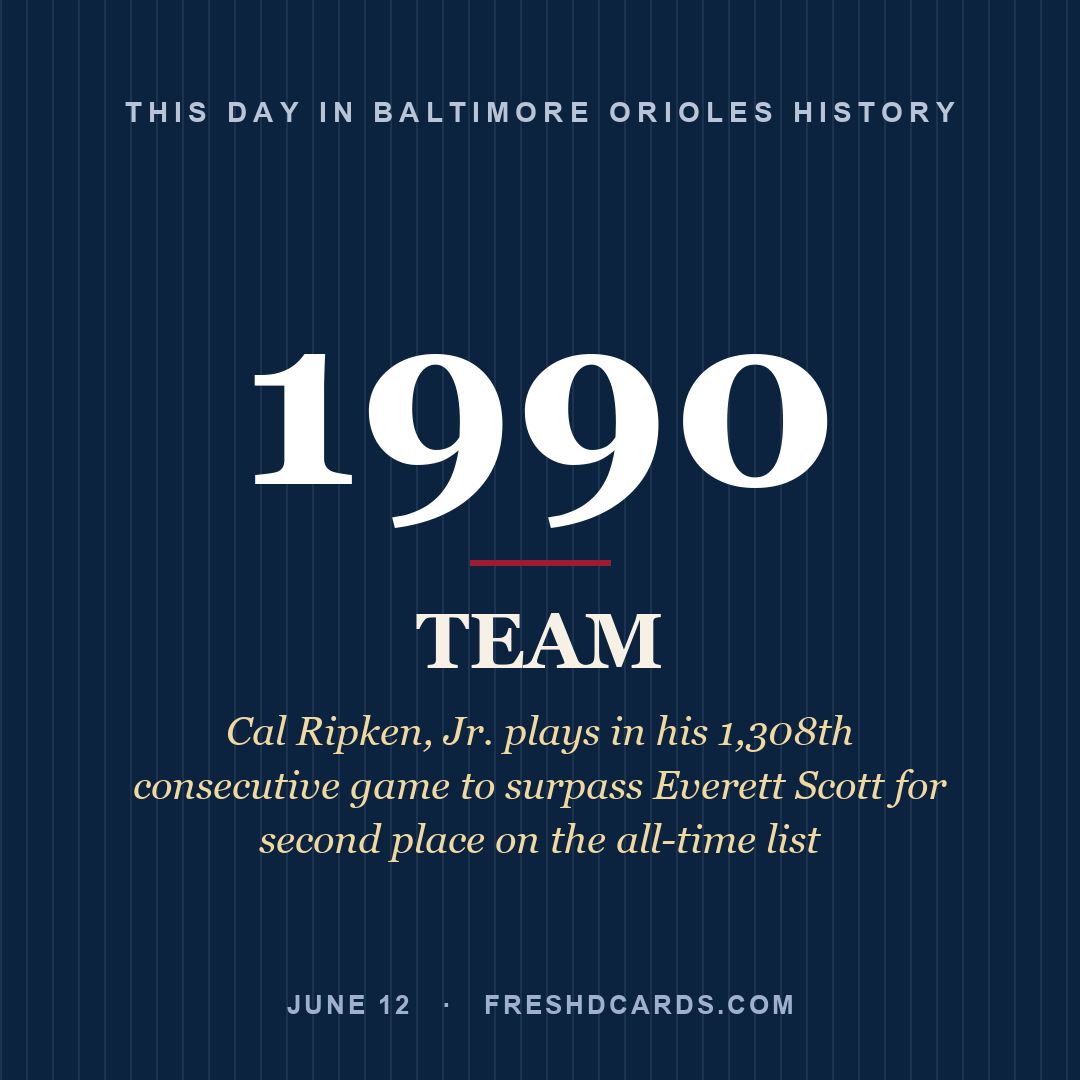Baltimore Orioles: Baltimore Orioles, 1990, Cal Ripken, Jr. plays in his 1,308th consecutive game to surpass Everett Scott for second place on the all-time list