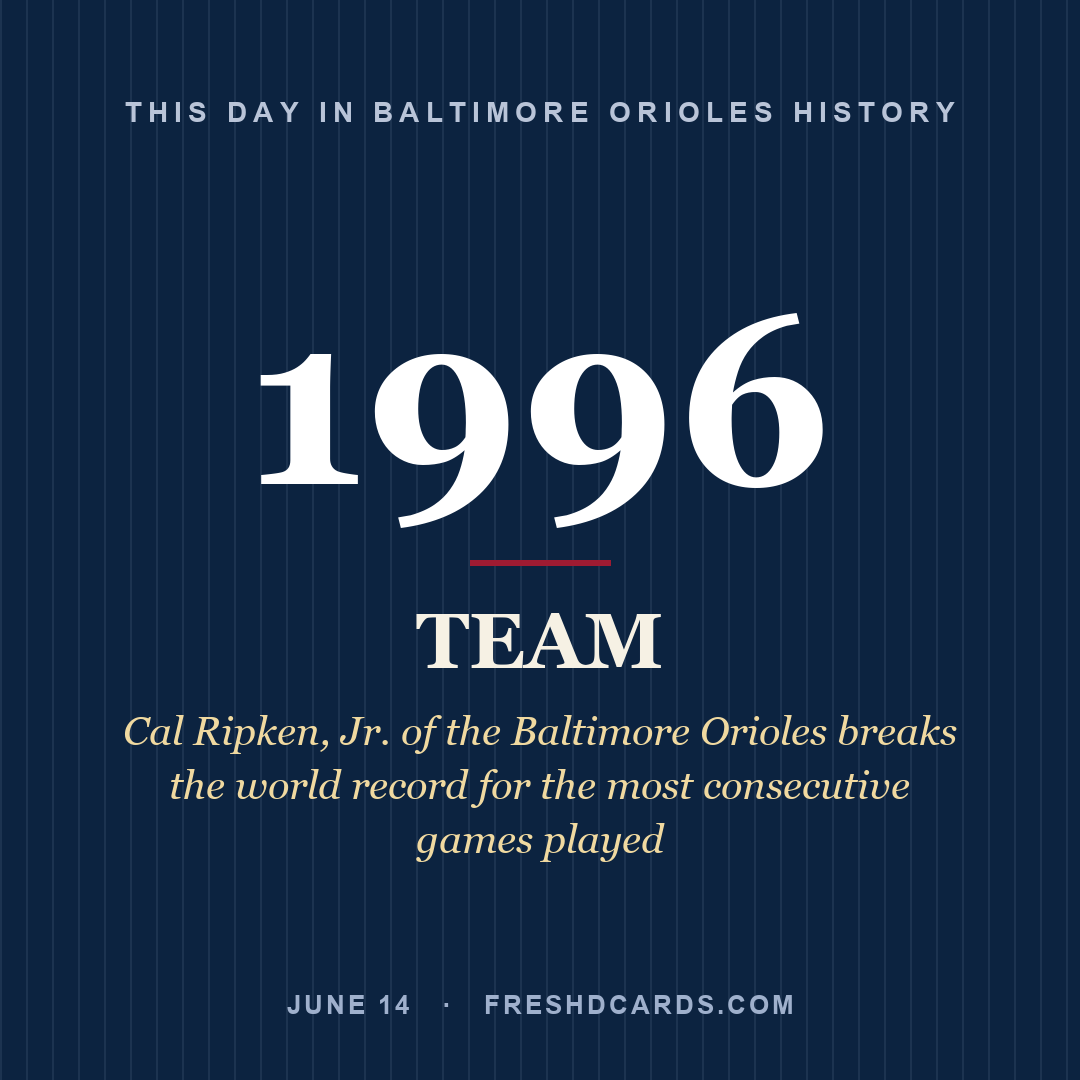 Baltimore Orioles: Baltimore Orioles, 1996, Cal Ripken, Jr. of the Baltimore Orioles breaks the world record for the most consecutive games played