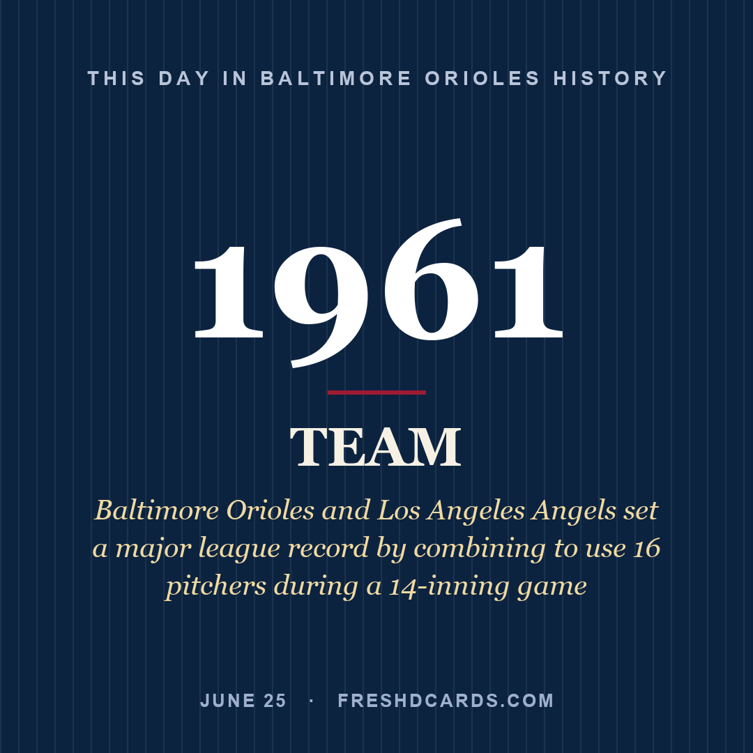 Baltimore Orioles: Baltimore Orioles, 1961, Baltimore Orioles and Los Angeles Angels set a major league record by combining to use 16 pitchers during a 14-inning game